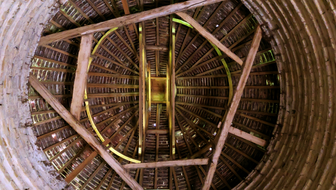 Photograph looking up from ground to roof of a dovecote