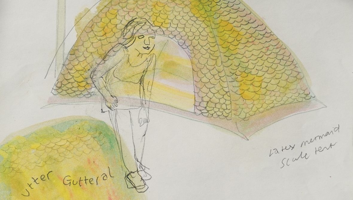 An artist sketch of a mermaid tent structure showing the small domed tend with scales and a loose line drawing of a female in front of it