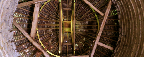 Photograph looking up from ground to roof of a dovecote