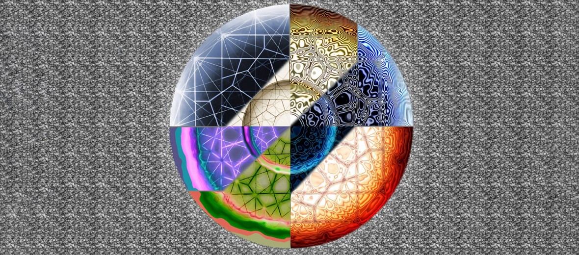 Digitised drawing by Abbas Zahedi featuring a circle with nine different coloured sections against a fuzzy grey background